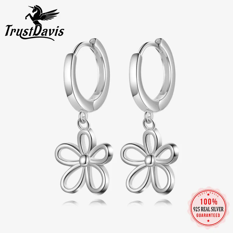 TrustDavis Real 925 Sterling Silver Minimally Hollowed Out Flower Hoop Earring for Women Wedding Birthday Fine Jewelry DS4123