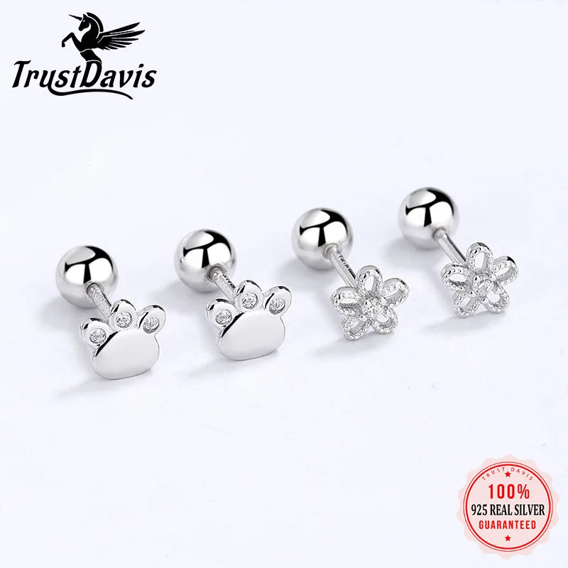 TrustDavis Real 925 Sterling Silver Fashion Flower Claws Screw Earring For Women Wedding Party Fine Minimalist Jewelry DA2194
