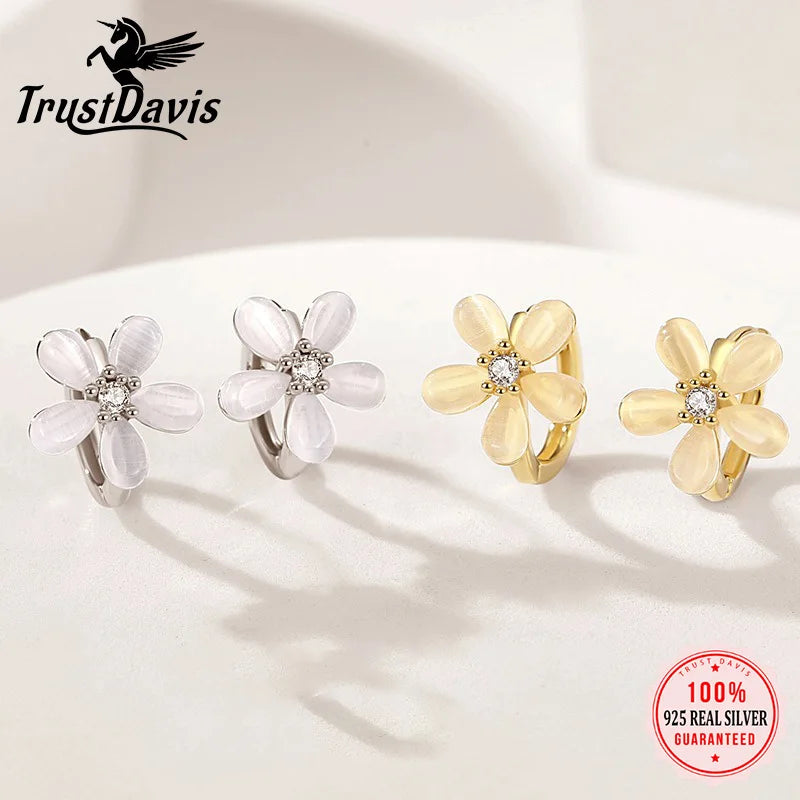 TrustDavis 925 Sterling Silver Women's Earrings Fashion Sweet Flower Hoop Earrings for Women Girls Jewelry Gift DS4370