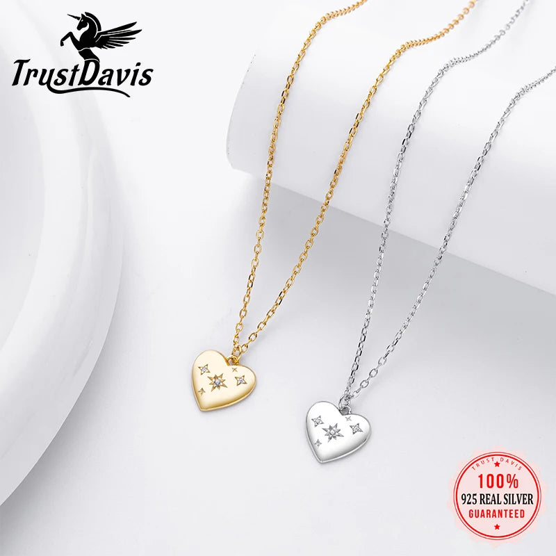TrustDavis Real 925 Sterling Silver Fashion Simple Heart-shaped pendant necklace for Women Girls Gift Fine Jewelry DS4683