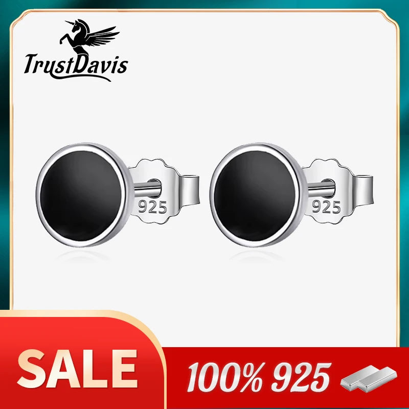 TrustDavis 925 Solid Real Sterling Silver Jewelry 4mm 6mm 8mm Black Round Stud Earrings For Women Girls Silver Jewelry DS1210