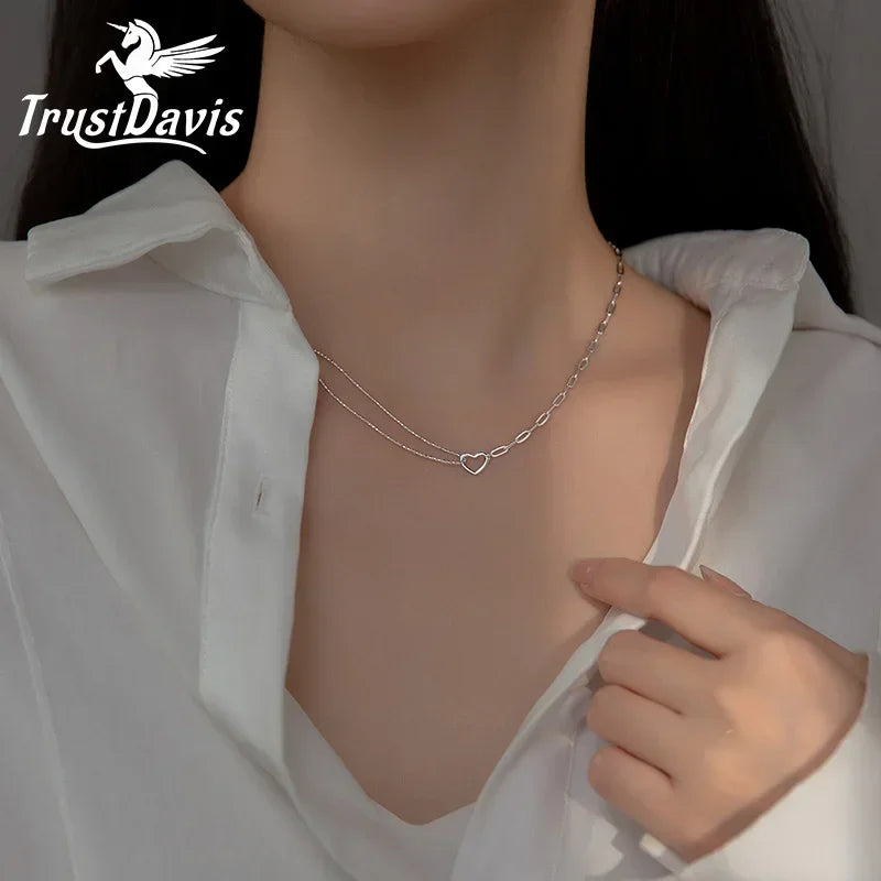 TrustDavis Real 925 Sterling Silver Necklace Heart Beads Chain Necklace For Women Daughter Birthday Gift Fine Jewelry DA2918
