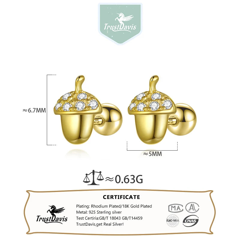Trustdavis Girls Real 925 Sterling Silver Cute Acorn Stud Earrings Mum Daughter Birthday Party Gift Jewelry DS4305