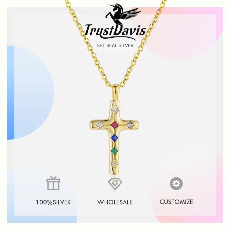TrustDavis Real 925 Sterling Silver Fashion Colorful Zircon Cross Necklace for Women Girl Birthday Gift Fine Jewelry DS4668