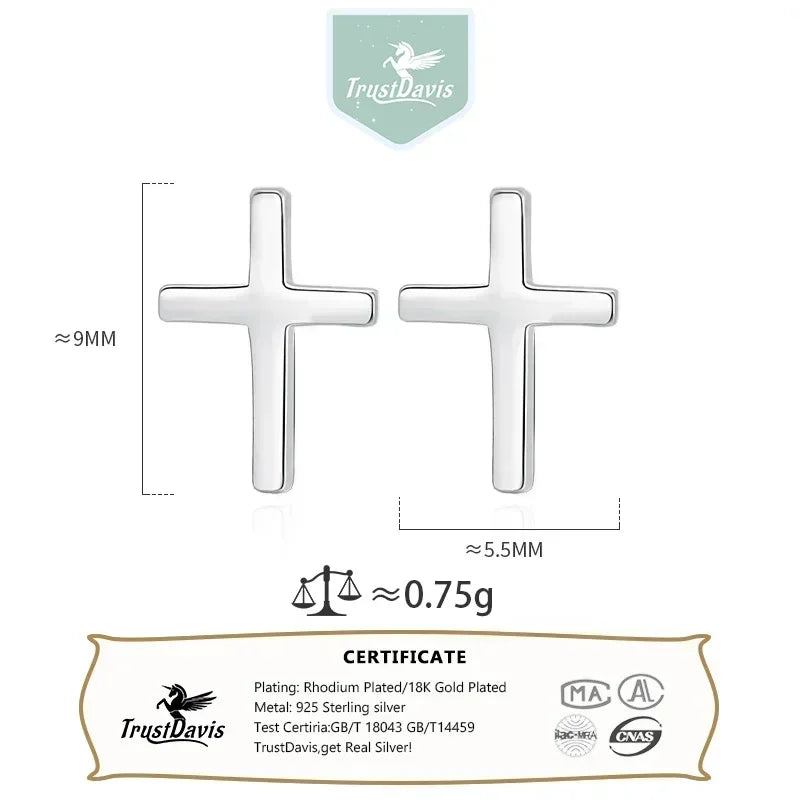 TrustDavis  925 Sterling Silver Fashion Authentic Minimalist Cross Stud Earrings Gift for Women Girls Anniversary Gift DS784