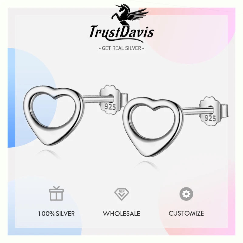 TrustDavis Real 925 Sterling Silver Women's Fashion Heart-shaped Hollow Stud Earrings for Women Girls Jewelry Gifts DS4251