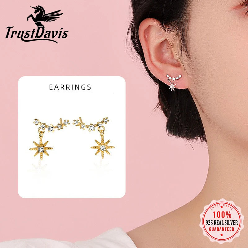 TrustDavis 925 Sterling Silver Women's Fashion Simple Starry Sky Zircon Tassel Earrings for Women Girls Jewelry Gift DS4338