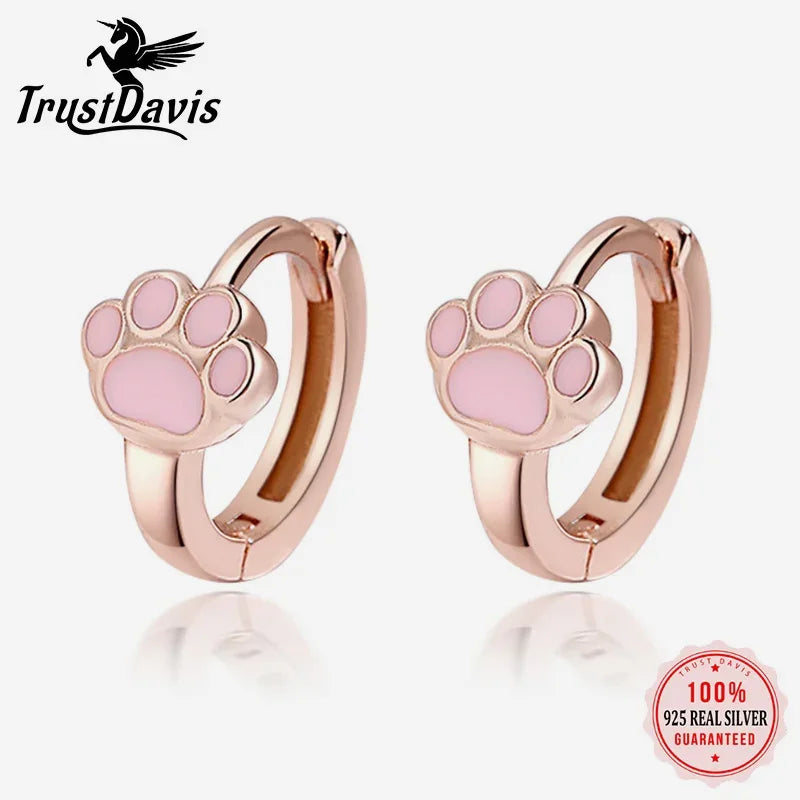 TrustDavis Genuine 925 Sterling Silver Cute Pink Cat Claw Hoop Earrings Women Fashion for Girls Anniversary Fine Jewelry DS3960