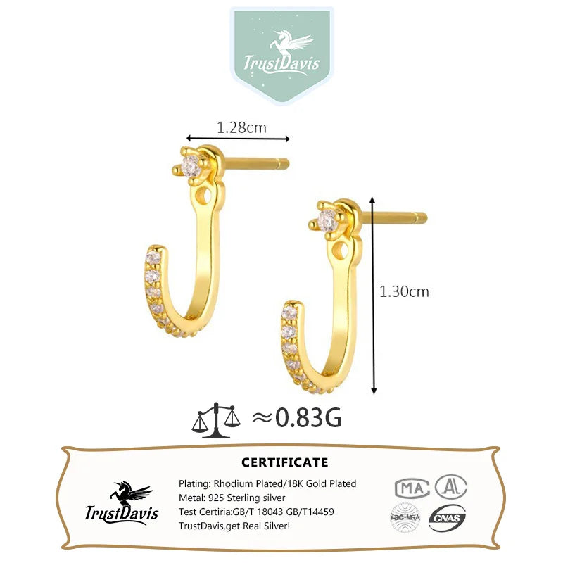 TrustDavis Real 925 Sterling Silver Fashion Sweet J-shaped Zircon Earrings for Women Girls Christmas Jewelry Gift DS4709