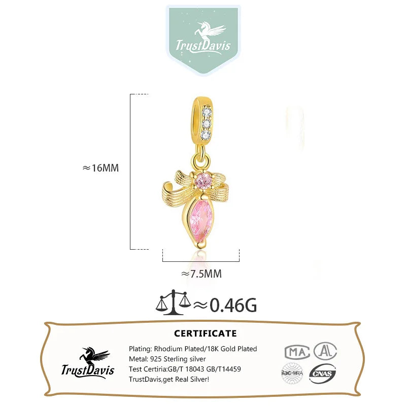 TrustDavis 925 Sterling Silver Red Enamel Heart Pink Zircon Bow Pendant DIY Necklace Bracelet Accessories Fine Jewelry DZ1846