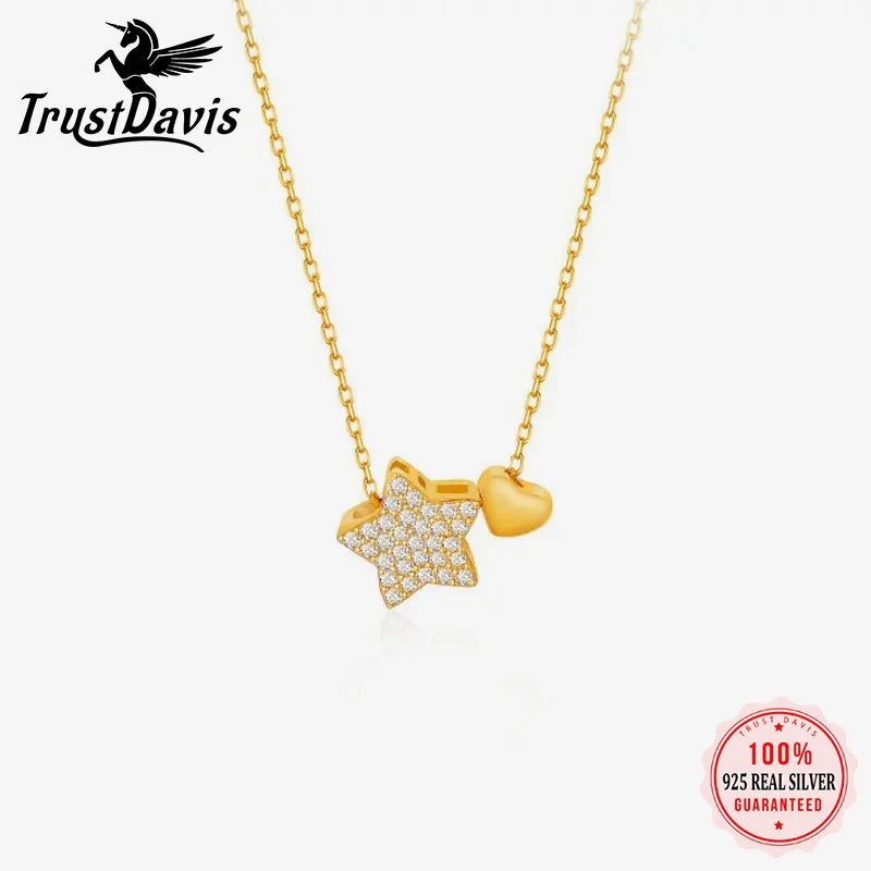 TrustDavis Real 925 Sterling Silver Necklace Sweet Star Heart CZ Pendant Necklace For Women Wedding Statement Fine Jewelry LB175