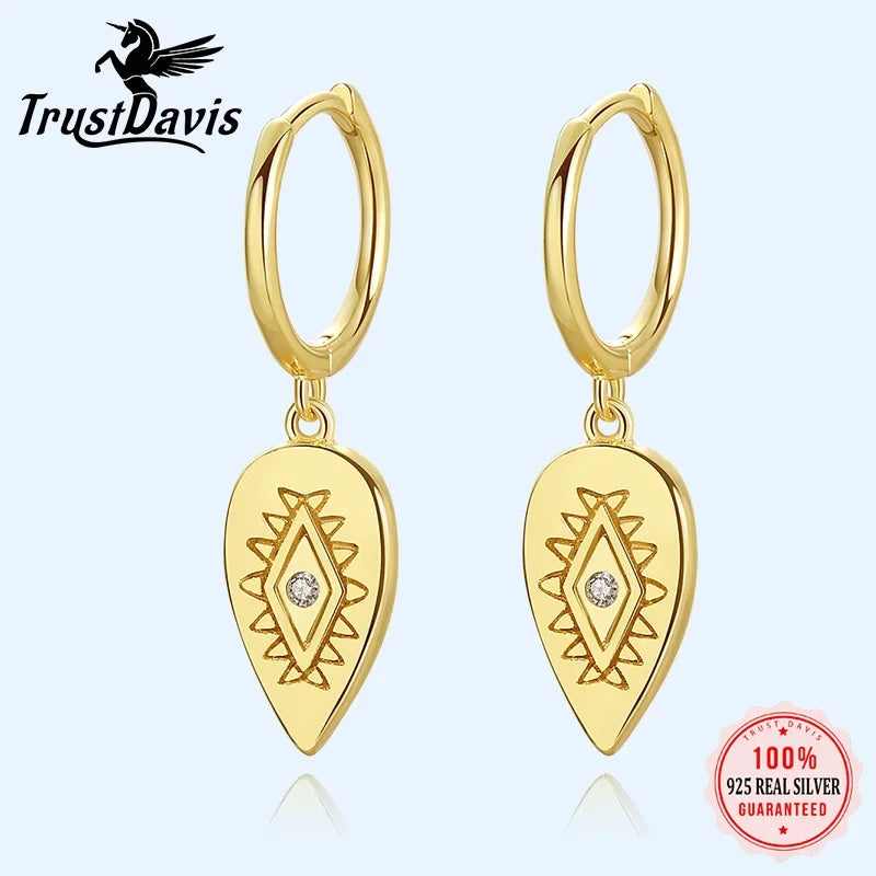 TrustDavis Real 925 Sterling Silver Hoop Earrings For Women Wedding Geometry Water Drop Eyes Dangle Earring 925 Jewelry DA872