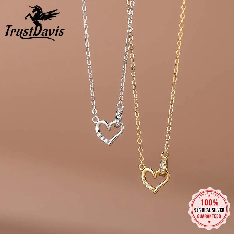 TrustDavis Real 925 Sterling Silver Necklace Romantic Heart CZ Pendant for Women Daughter Birthday Gift Fine Jewelry DA4170