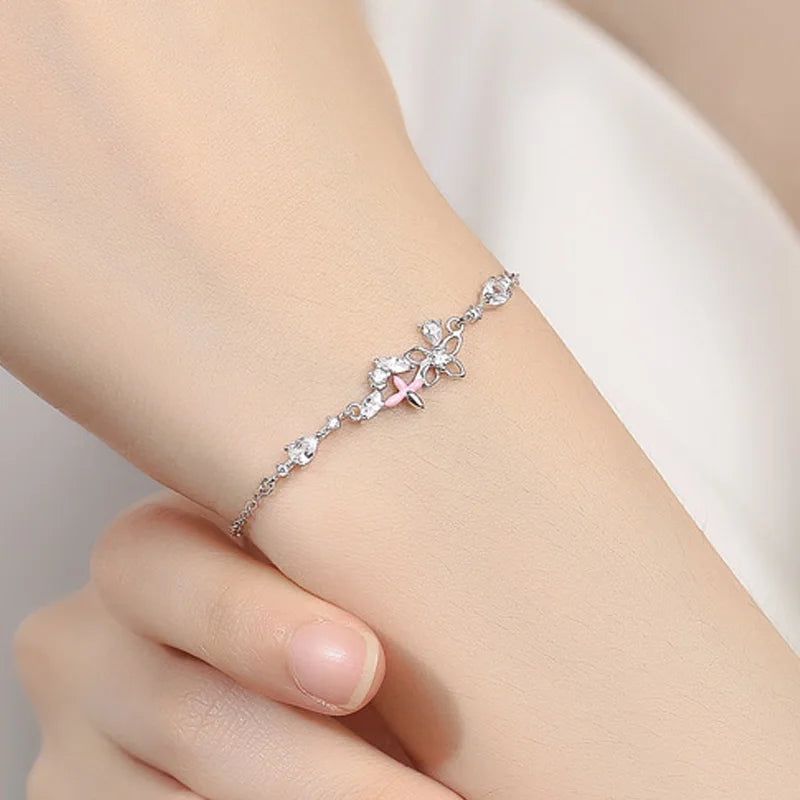 TrustDavis Flower Zircon Bracelet 925 Sterling Silver Sweet Fashion Bracelet for Women Wedding Birthday Fine S925 Jewelry DS4129