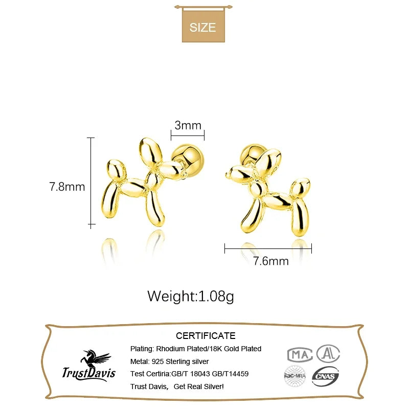 TrustDavis Real 925 Sterling Silver Fashion Sweet INS Animal Dog Bear Screw Stud Earrings For Women Party Fine Jewelry DG0024