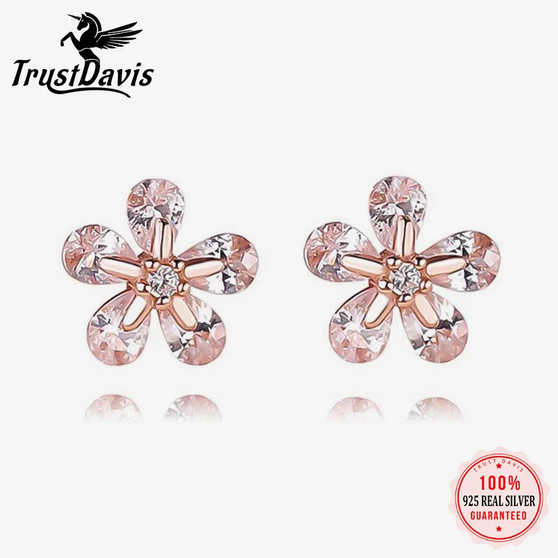 Trustdavis Girls 925 Sterling Silver Fashion Classic Flower CZ Stud Earrings For Women Girls Wedding Party Jewelry DS4178
