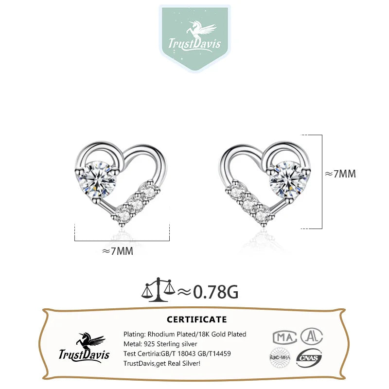 TrustDavis 925 Sterling Silver Women's Fashion Simple Heart-shaped Zircon Stud Earrings for Women Girls Jewelry Gift DS4261