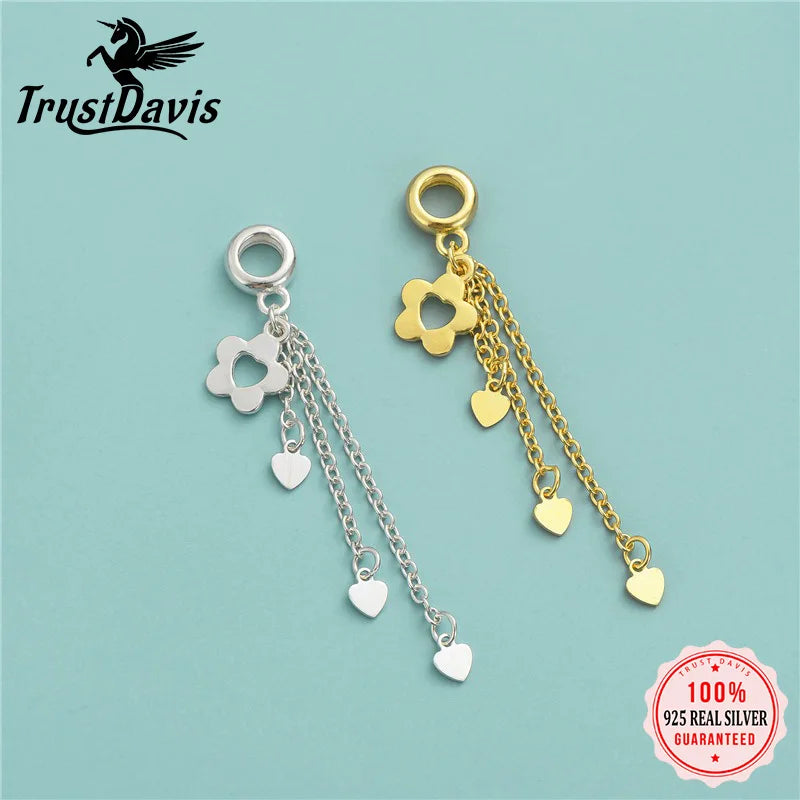 TrustDavis Real 925 Sterling Silver Fashion Tassels Flower Heart Charm Pendant Handmade DIY Accessories Wholesale Jewelry DZ1703