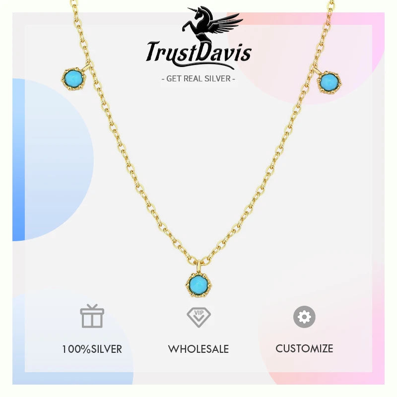 TrustDavis 925 Sterling Silver Women's Simple Vintage Turquoise Pendant Clavicle Necklace for Women Girls Jewelry Gift DS4333