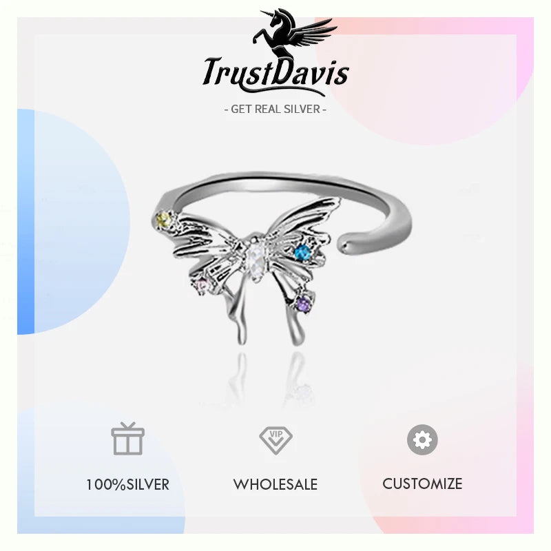 TrustDavis Real 925 Sterling Silver Fashion Color Diamond Butterfly Ring for Women Office Lady Birthday Gift Fine Jewelry DA1638