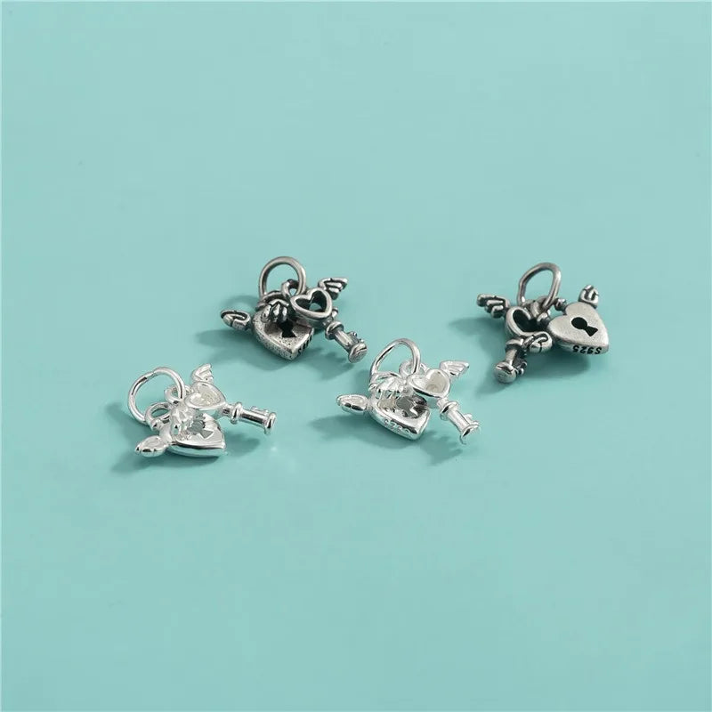 TrustDavis Real 925 Sterling Silver Classic Angel Wings Heart Lock Charm Pendant Handmade DIY Accessories Wholesale DZ1684