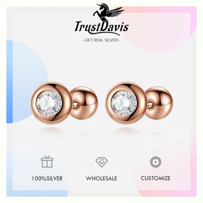 TrustDavis Girls Real 925 Sterling Silver Round Zircon Stud Earrings Women Daughter Birthday Party Gift Jewelry  DS4361