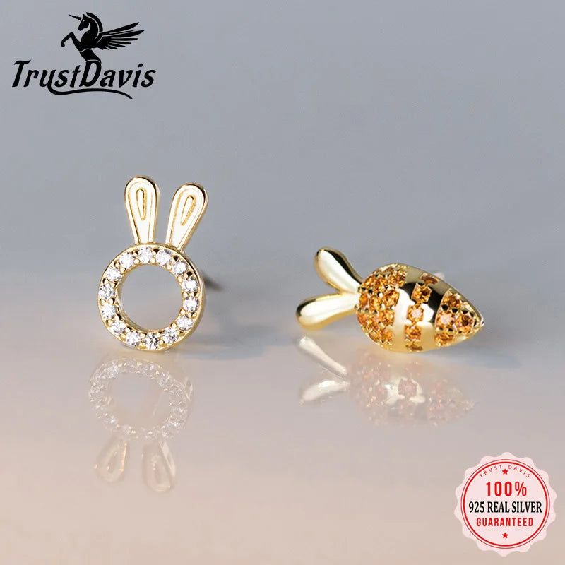 Trustdavis Girls 925 Sterling Silver Cute Rabbit Carrot Stud Earrings Birthday Gift for Mom Daughter Kids Silver Jewelry DS4014