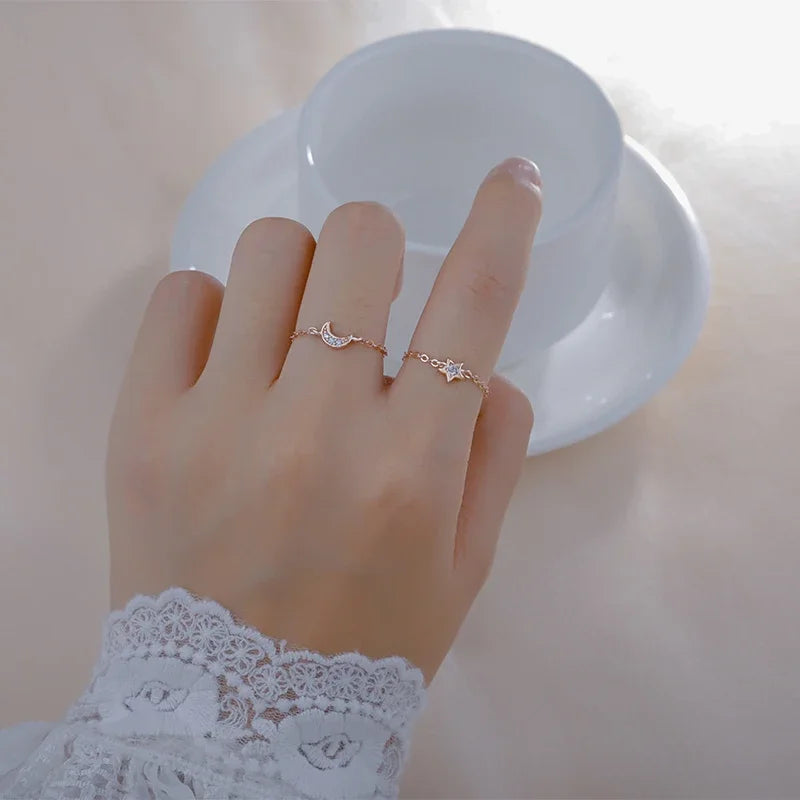 TrustDavis Real 925 Sterling Silver Fashion Moon Star CZ Chain Ring Sizable For Women Wedding Birthday Party Fine Jewelry DA2050