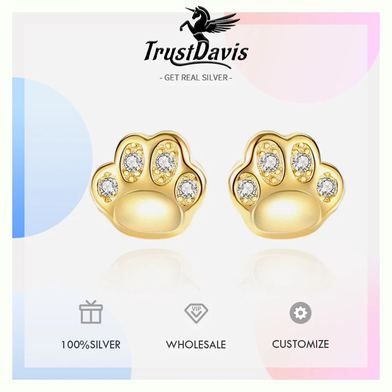 TrustDavis 925 Sterling Silver Women's  Fashion Sweet Animal Cat Paw Earrings for Women Girls Jewelry Gift DS4438