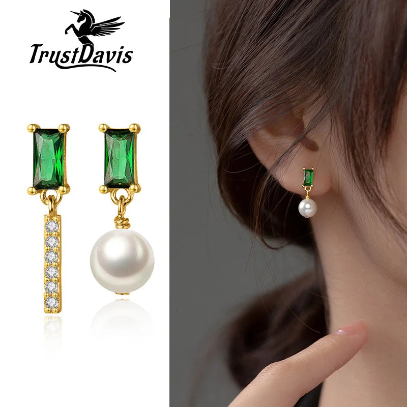TrustDavis Real 925 Sterling Silver Earring Asymmetric Synthesis Pearl Green CZ Stud Earrings For Women Mother's Day Gift DA3138