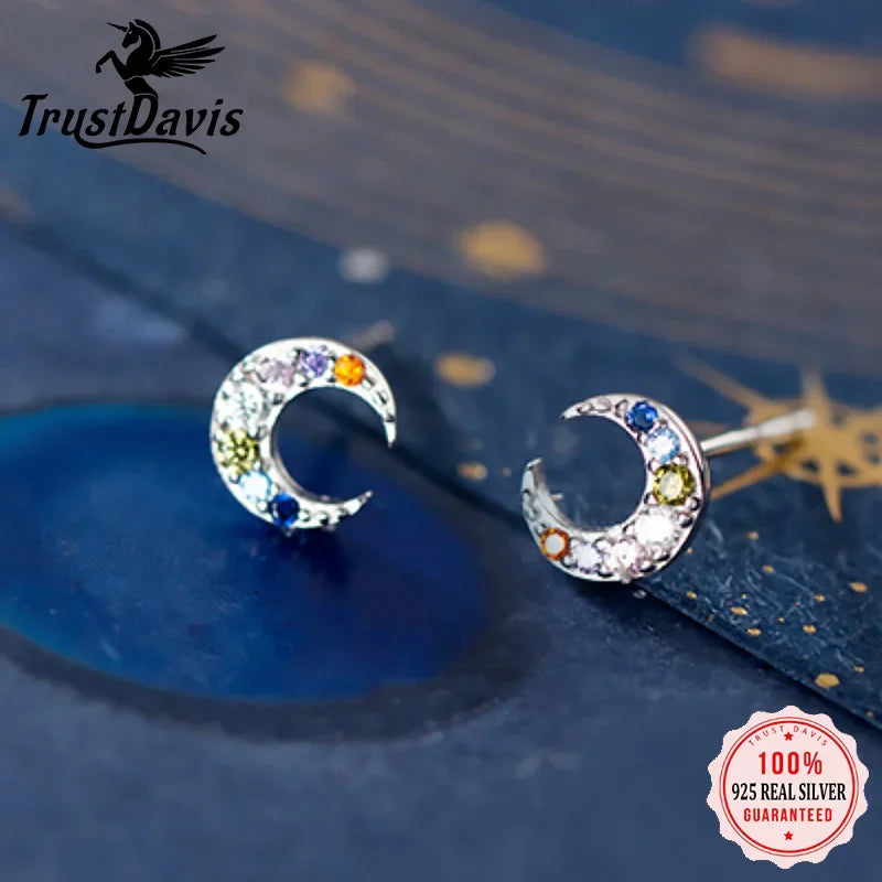 TrustDavis Authentic 925 Sterling Silver Sweet Color Zircon Tiny Moon Stud Earrings for Women Sterling Silver Jewelry Gift DA741