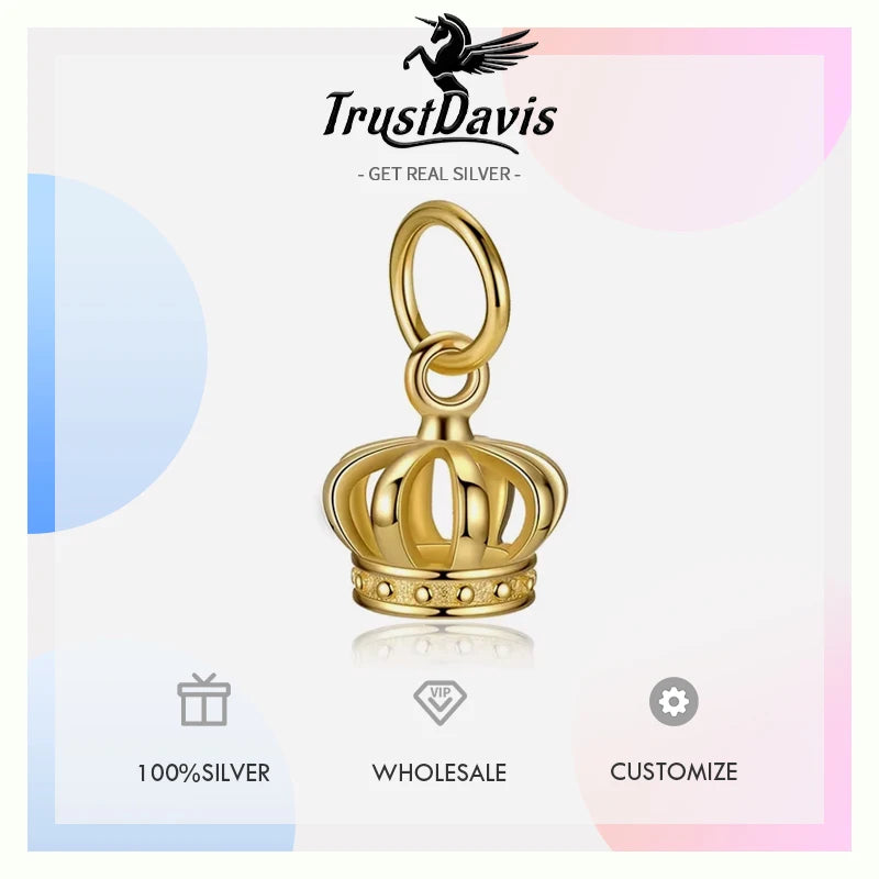 TrustDavis Real 925 Sterling Silver Unique Design Hollow Out Small Crown Bracelet Pendant Women DIY Gold Pendant Party DZ827