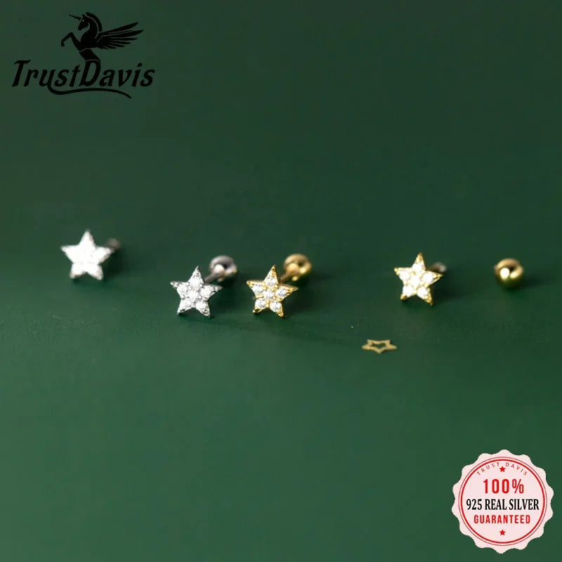 TrustDavis Real 925 Sterling Silver Mini Star CZ Screw Stud Earrings For Women Children Baby Girls Minimalist Jewelry DA2325