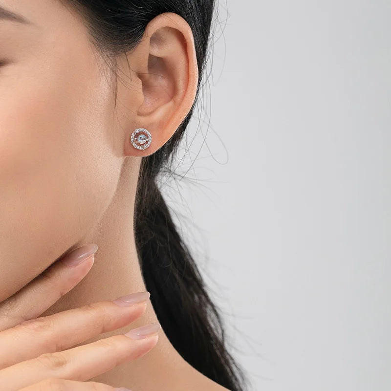 TrustDavis Real 925 Sterling Silver Women's Fashion Moonstone Planet Zirconia Stud Earrings for Women Girls Jewelry Gifts DS4243
