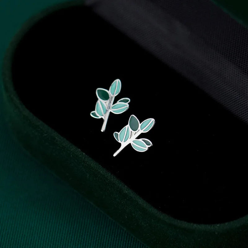 TrustDavis Real 925 Sterling Silver Fashion Green Glaze Leaves Stud Earrings For Women Wedding Birthday Present Jewelry DB340