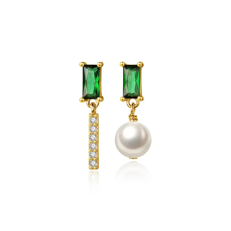 TrustDavis Real 925 Sterling Silver Earring Asymmetric Synthesis Pearl Green CZ Stud Earrings For Women Mother's Day Gift DA3138