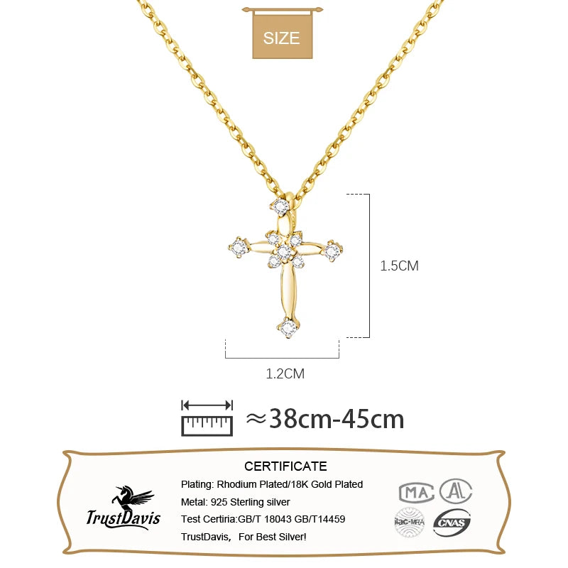 TrustDavis Real 925 Sterling Silver Fashion Sweet CZ Cross Pendant Necklace For Women Wedding Anniversary Jewelry DS3471