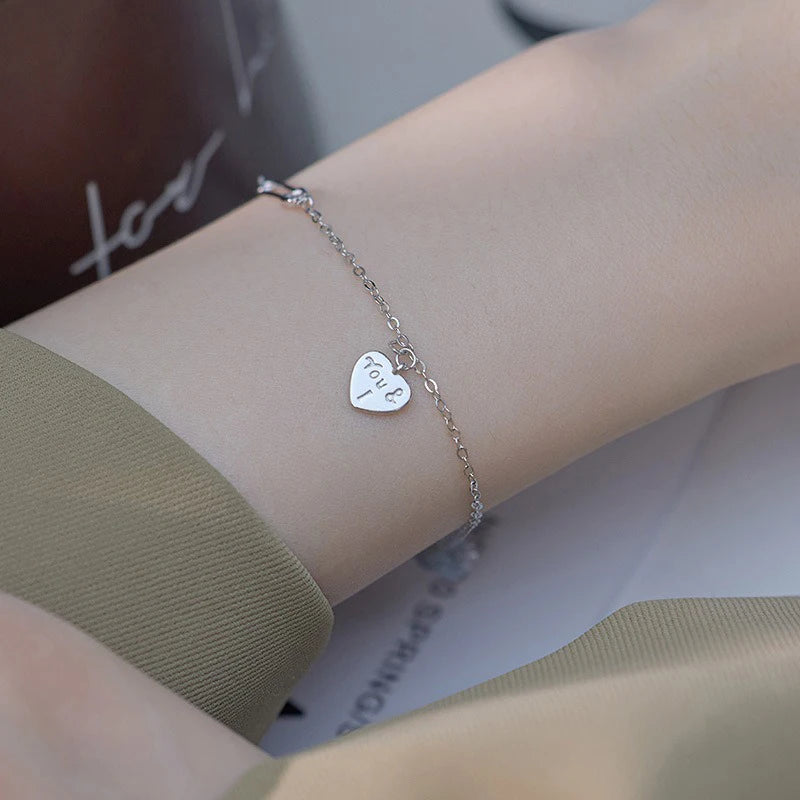 TrustDavis Girls 925 Sterling Silver Fashion Simple Heart Letter Paperclip Bracelet for Women Girl Gift Fine Jewelry DS4687