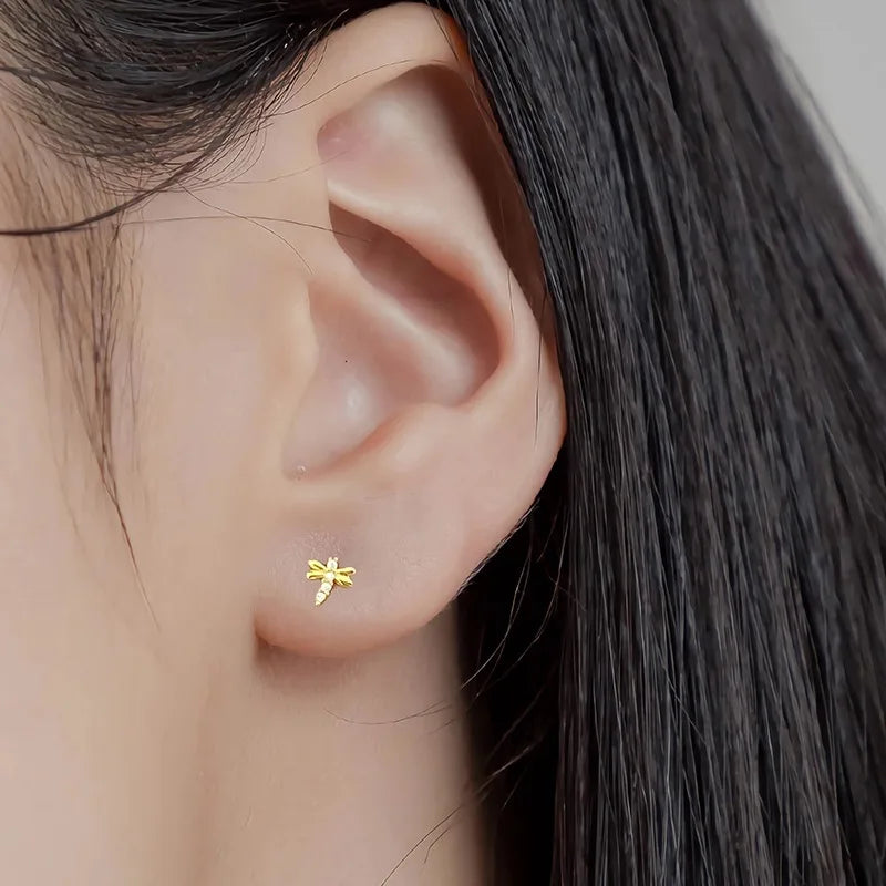 TrustDavis Real 925 Sterling Silver Insect Dragonfly CZ Screw Stud Earrings For Women Girls Fashion Fine Jewelry Gift DS4619