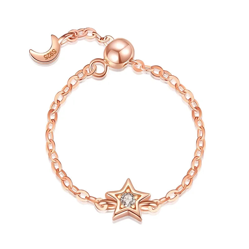 TrustDavis Real 925 Sterling Silver Fashion Moon Star CZ Chain Ring Sizable For Women Wedding Birthday Party Fine Jewelry DA2050