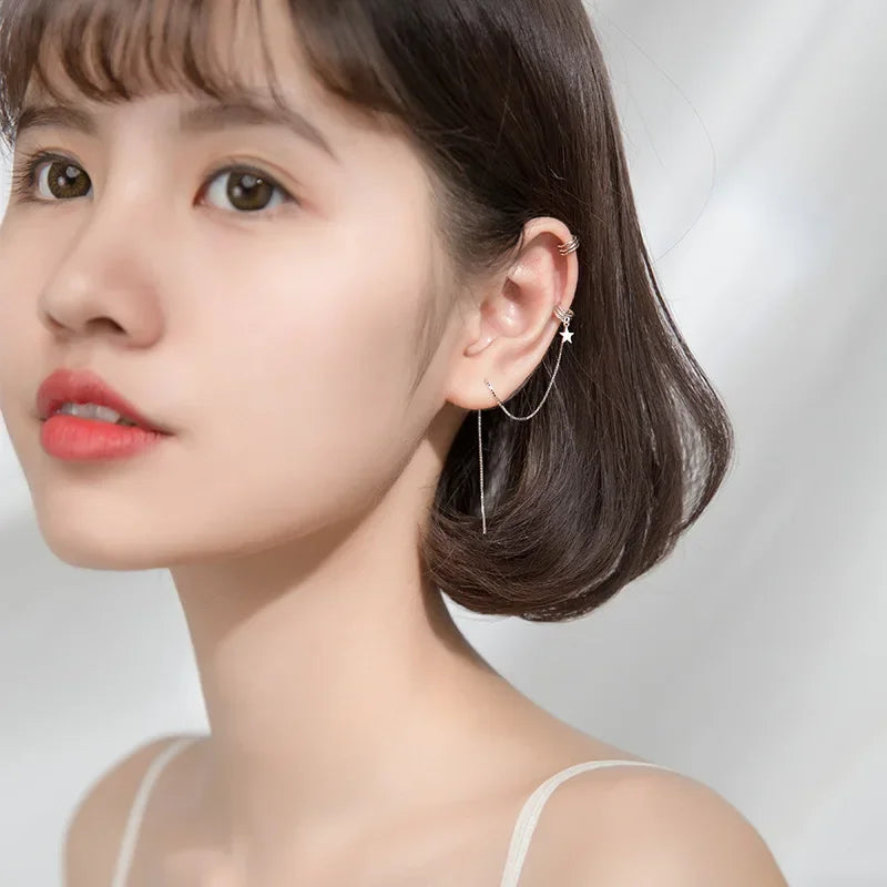 Trustdavis Minimalist 925 Sterling Silver Asymmetric Lovely 3 Layer Ear Line  Cuff Clip on Earrings For Women Jewelry Gift DA935