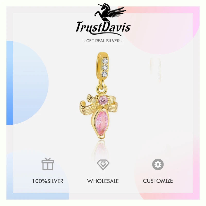 TrustDavis 925 Sterling Silver Red Enamel Heart Pink Zircon Bow Pendant DIY Necklace Bracelet Accessories Fine Jewelry DZ1846