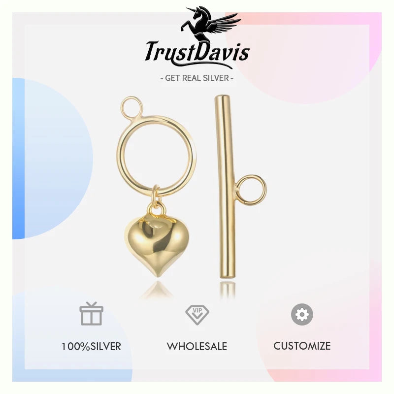 TrustDavis Real 925 Sterling Silver Fashion Romantic Heart OT Clasp Charm Pendant Handmade DIY Accessories Fine Jewelry HY295