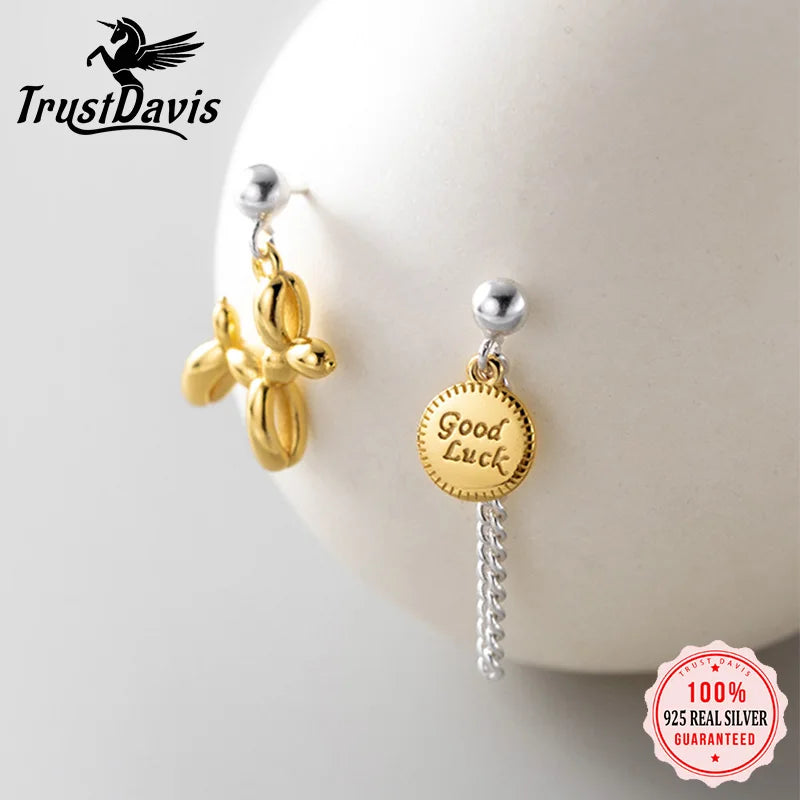 TrustDavis Real 925 Sterling Silver Earrings Asymmetric Balloon Dog Chian Stud Earrings For Women Wedding Party Jewelry DA2662
