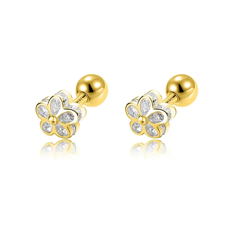 Flower Shiny CZ Bead Screw Stud Earrings For Women Wedding Fine Jewelry DA2491