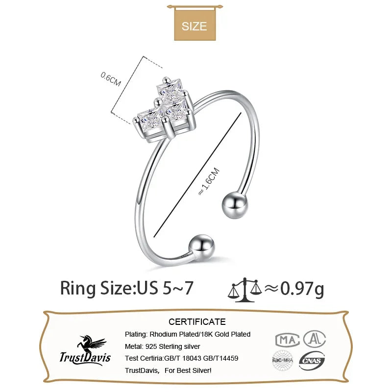 Trustdavis 925 Sterling Silver High Quality Heart Black White CZ Opening Ring Sizable For Women Girl Wife Birthday Present DS927