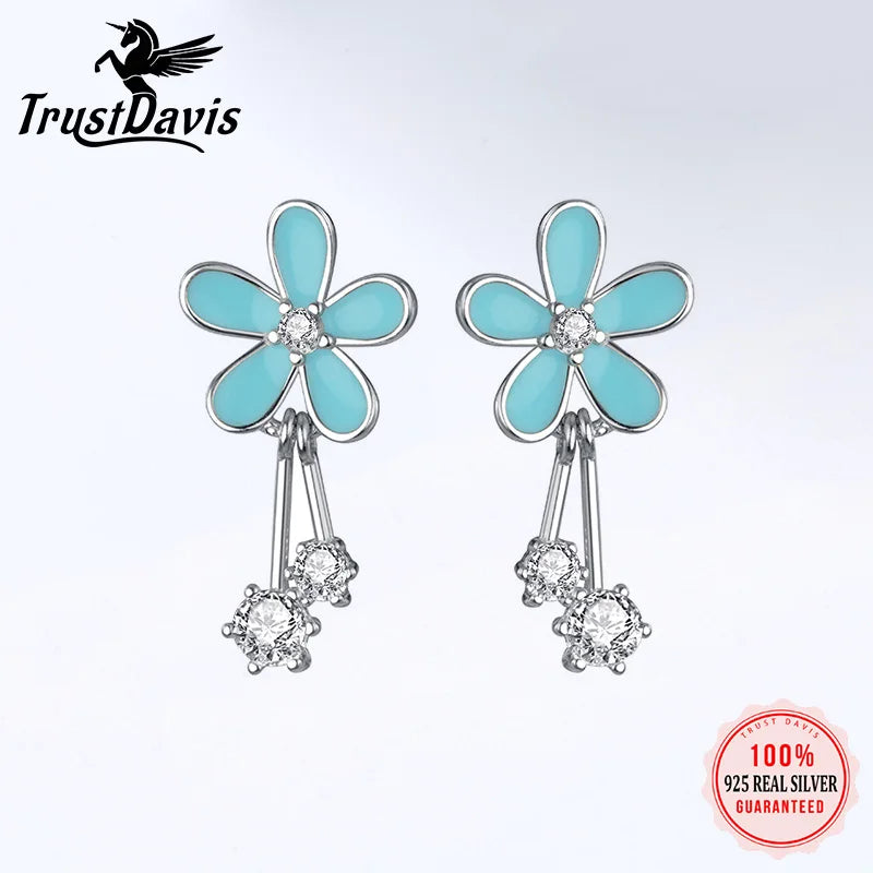 TrustDavis Real 925 Sterling Silver Blue Glaze Flower Dazzling Zircon Stud Earrings For Women Wedding Fine Jewelry Gift DA00274