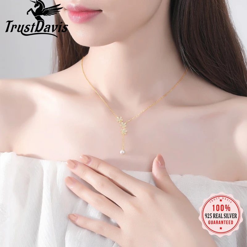 TrustDavis 925 Sterling Silver Women's Necklace Fashion Simple Flower Pearl Necklace for Women Girls Jewelry Gift DS4450