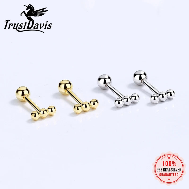 TrustDavis Real 925 Sterling Silver Earring Fashion Sweet Mini Beads Screw Earrings For Women Wedding Anniversary Jewelry DA2349