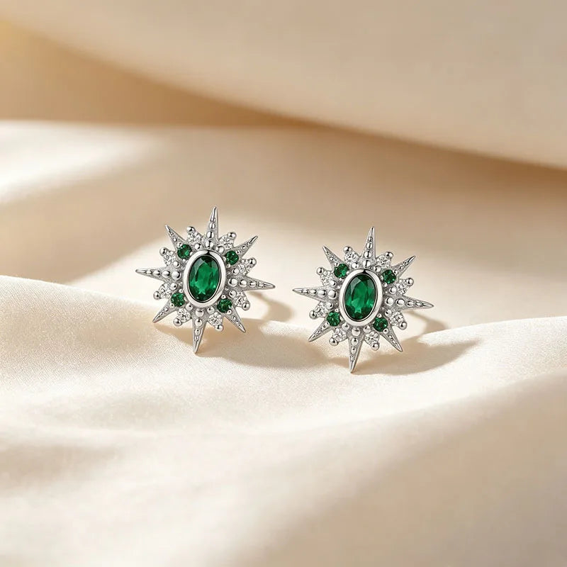 Silver Stars Moon Emerald Zircon Stud Earrings  DS5018